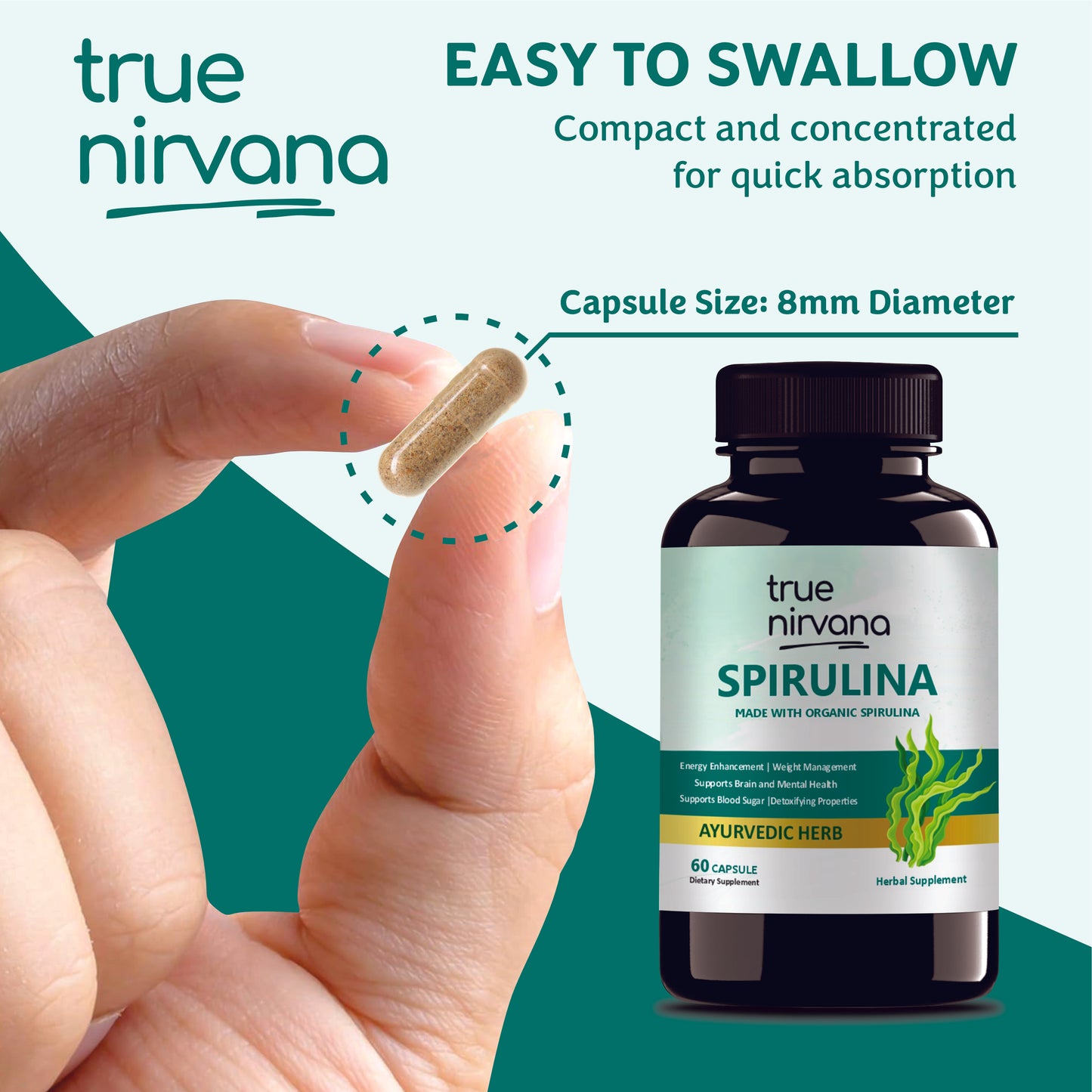 TrueNirvana Spirulina Capsules – Energy, Immunity & Daily Nutrition (60 Veg Capsules)
