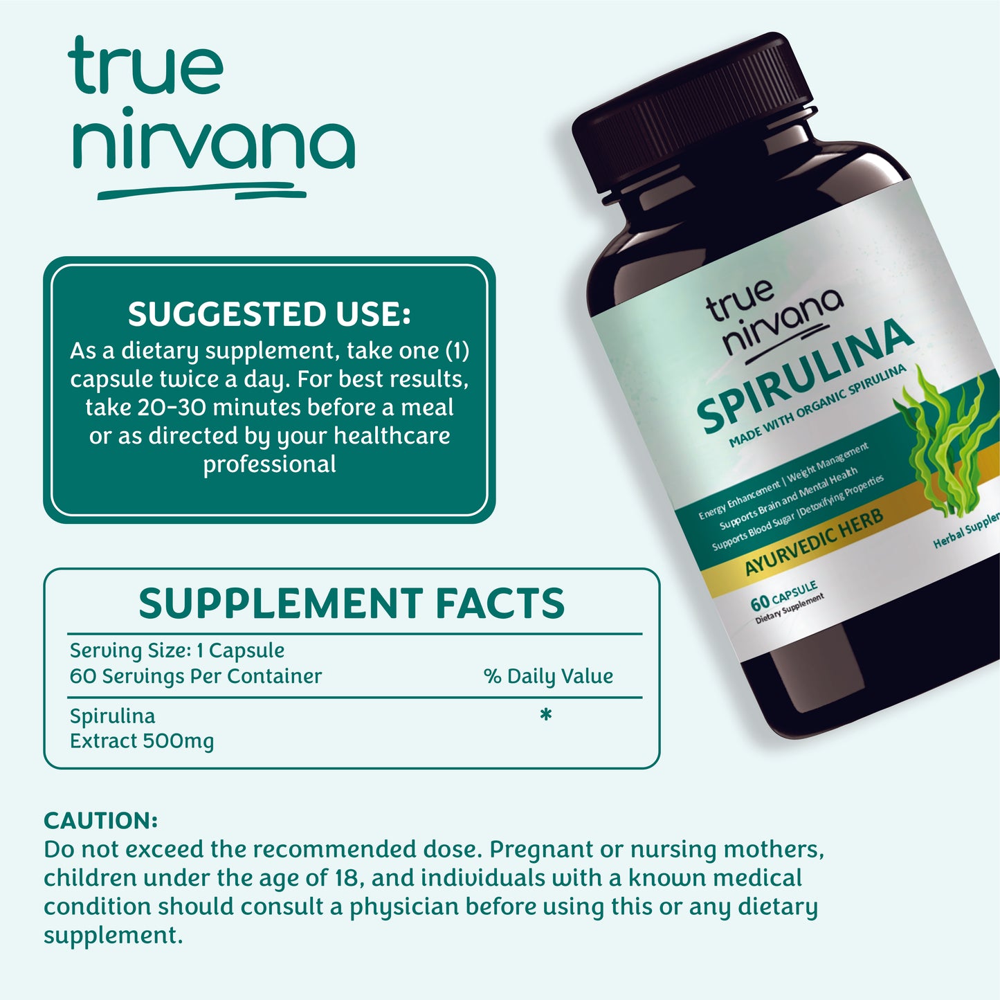 TrueNirvana Spirulina Capsules – Energy, Immunity & Daily Nutrition (60 Veg Capsules)
