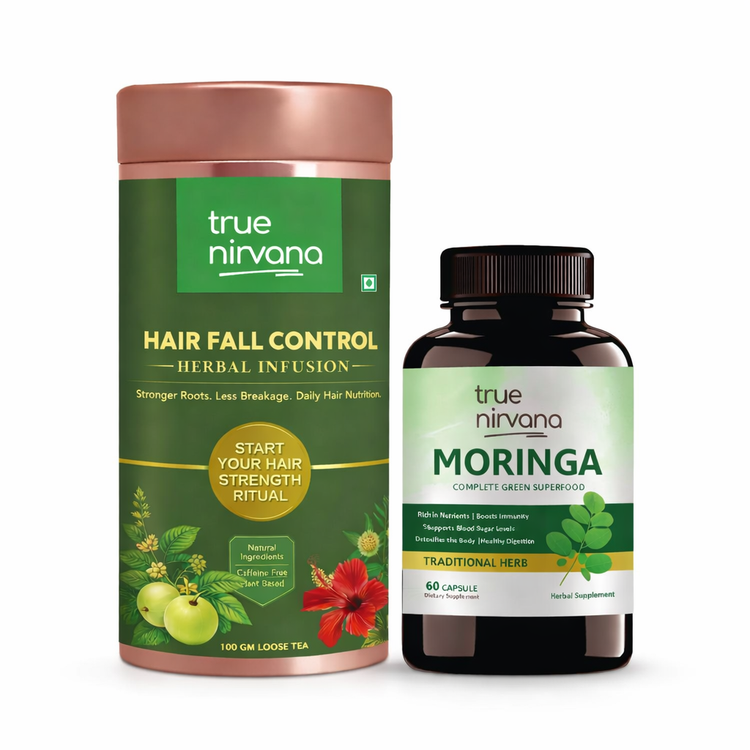 Hair Fall Control Herbal Infusion Tea and Moringa Capsules Bundle pack or product image