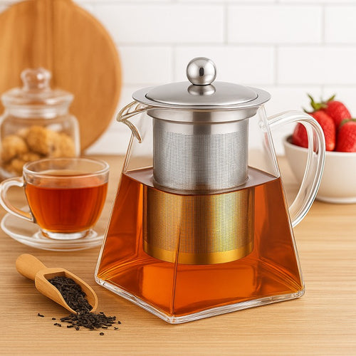 Glass teapot with infuser and brewed tea