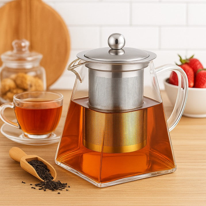 Borosilicate Glass Tea Pot with Heat Resistant Stainless Steel Infuser Perfect for Tea and Coffee Maker, Clear Glass Kettle (750 ML, Square) pack or product image