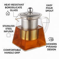 Borosilicate Glass Tea Pot with Heat Resistant Stainless Steel Infuser Perfect for Tea and Coffee Maker, Clear Glass Kettle (750 ML, Square)