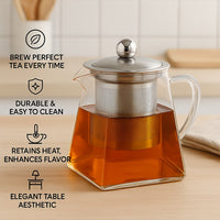 Borosilicate Glass Tea Pot with Heat Resistant Stainless Steel Infuser Perfect for Tea and Coffee Maker, Clear Glass Kettle (750 ML, Square)