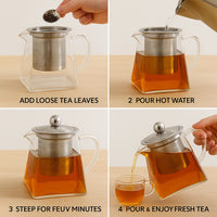 Borosilicate Glass Tea Pot with Heat Resistant Stainless Steel Infuser Perfect for Tea and Coffee Maker, Clear Glass Kettle (750 ML, Square)