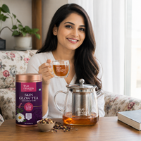 Skin Glow Herbal Tea 100 g with Glass Tea Infuser Pot and Double Wall Glass Cups Set