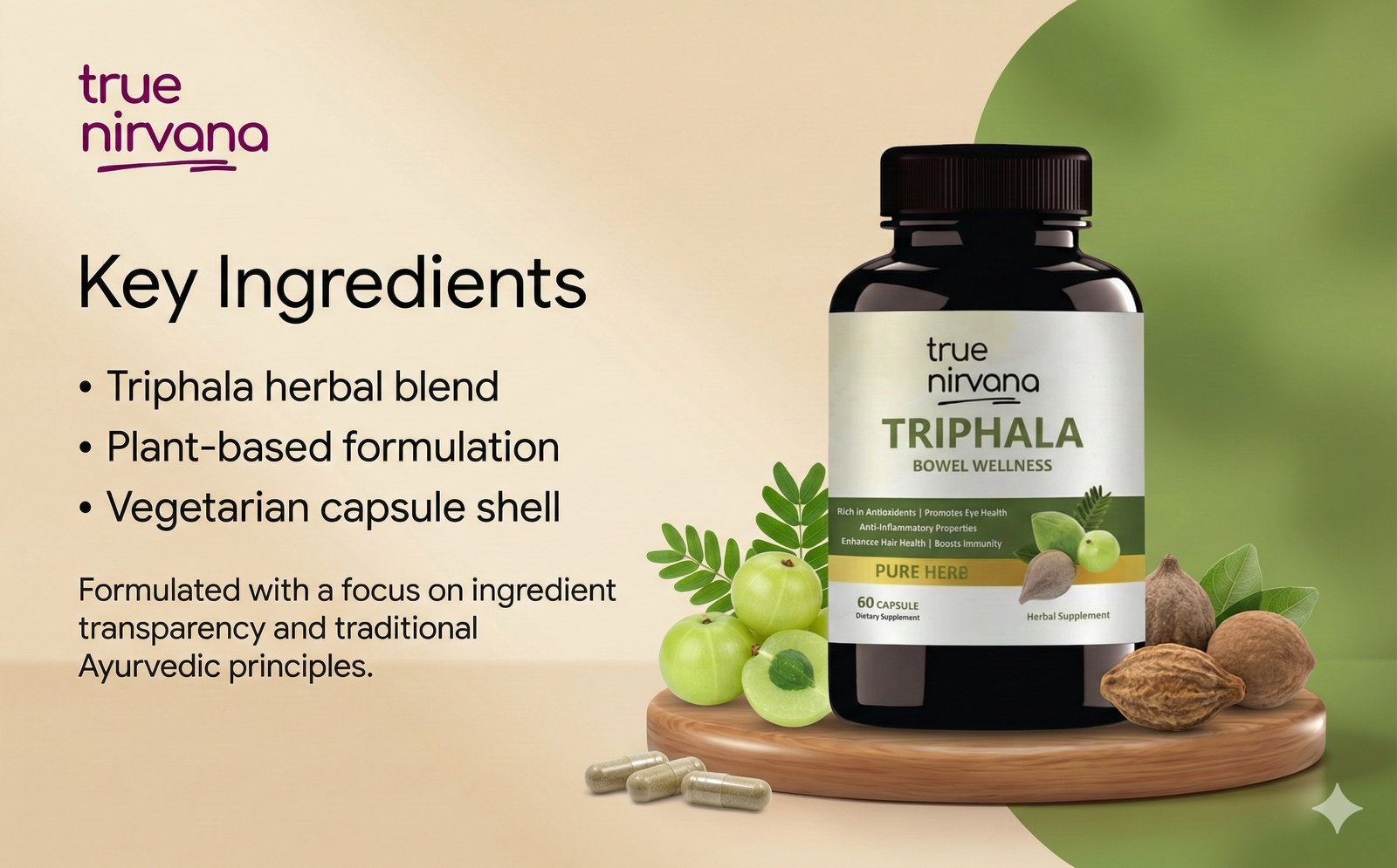 TrueNirvana Triphala Capsules – Digestion, Detox & Immunity (60 Veg Capsules)