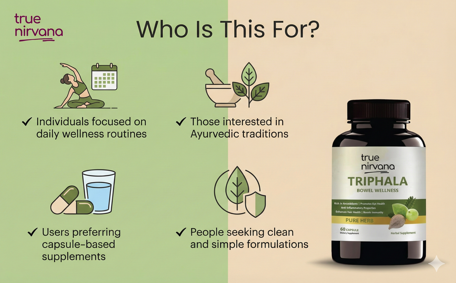 TrueNirvana Triphala Capsules – Digestion, Detox & Immunity (60 Veg Capsules)