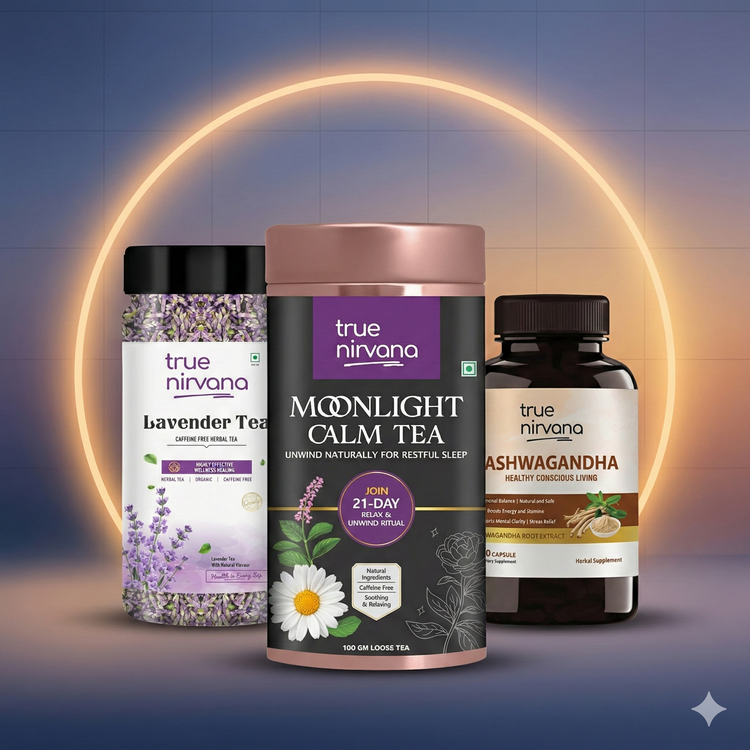 TrueNirvana Stress Relief & Sleep Pack – Evening Calm Tea + Herbal Capsule Routine pack or product image